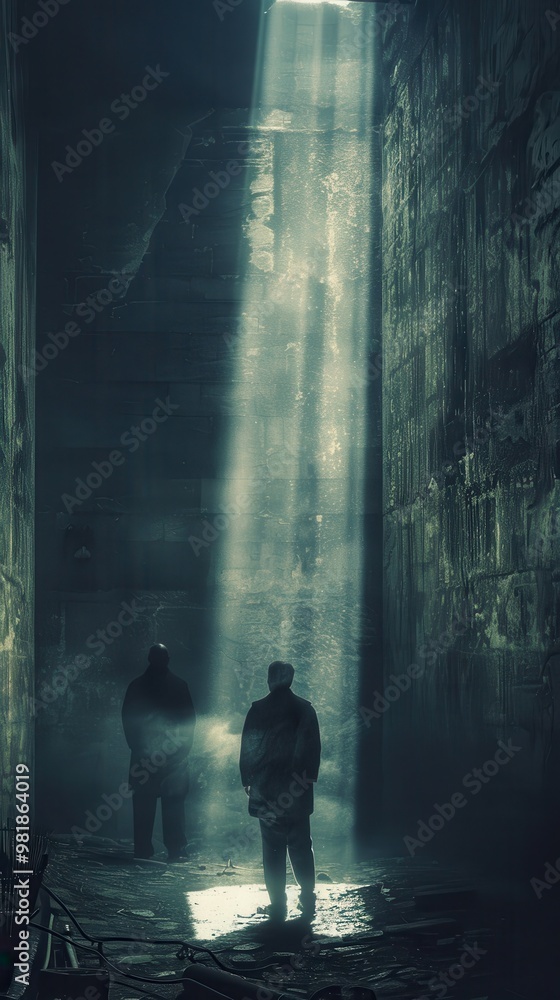 Two people standing in a dark, narrow tunnel with a light shining on them Two people standing in a dark, narrow tunnel with a light shining on them