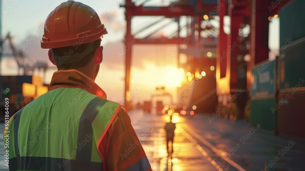 A man in a safety vest stands in front of a large building A man in a safety vest stands in front of a large building
