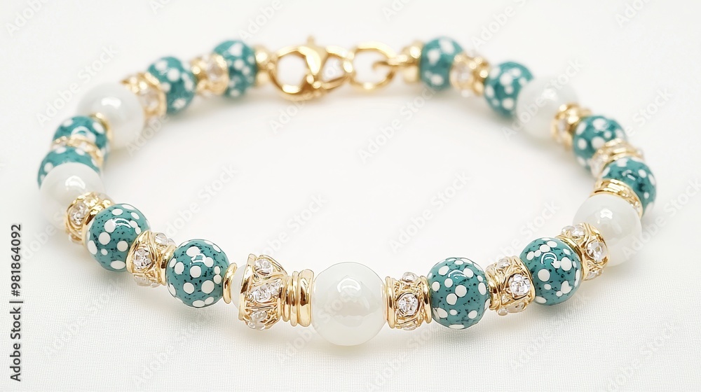 Teal and White Polka Dot Beaded Bracelet with Gold Clasp Teal and White Polka Dot Beaded Bracelet with Gold Clasp
