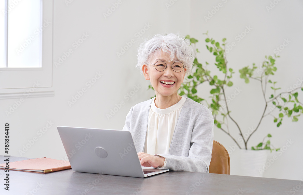 ノートパソコンを使って働く高齢者のビジネスウーマン　オフィス