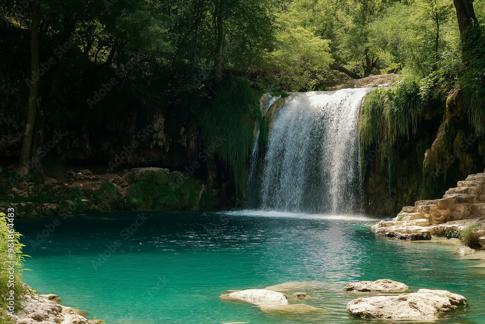 Serene Waterfall in Lush Forest, a crystal clear pool Serene Waterfall in Lush Forest, a crystal clear pool