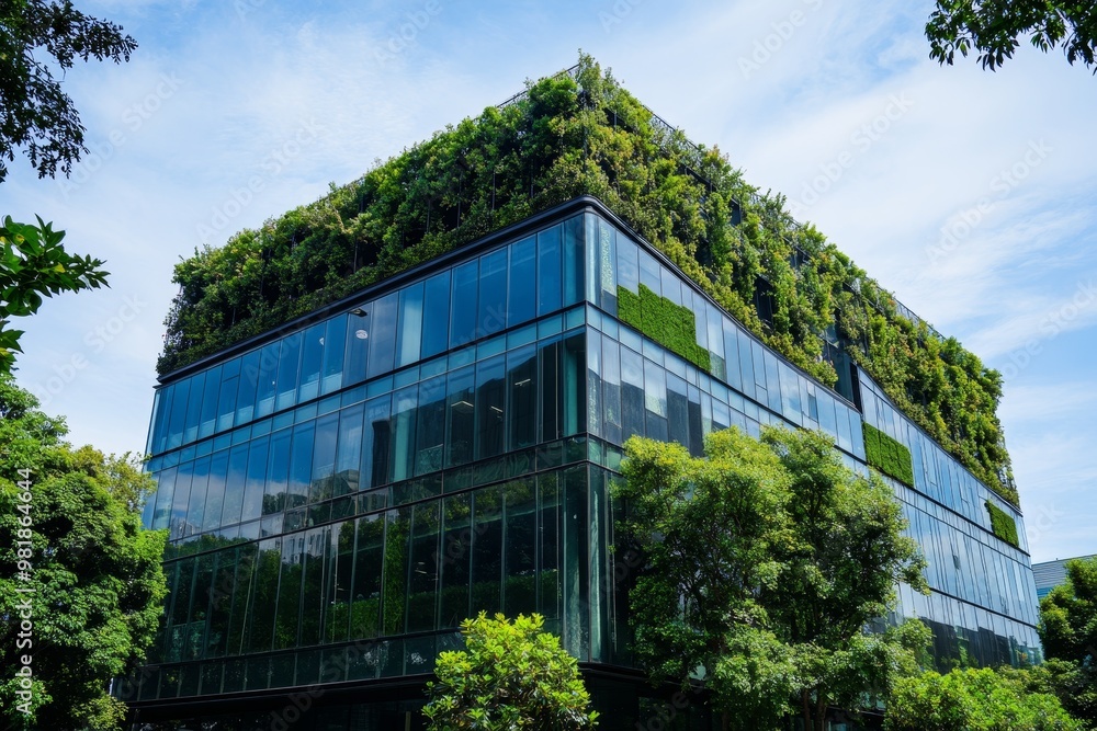 Modern glass building with a green roof and trees surrounding it. Modern glass building with a green roof and trees surrounding it.