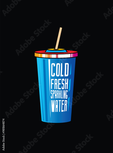 Fast food plastic cup with straw. Hot or cold drink. Original vector illustration in vintage style.