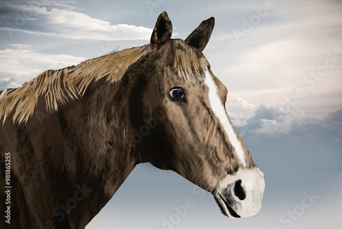 portrait of a horse, farm horse digital painting, realistic horse drawing, horse with blaze photo