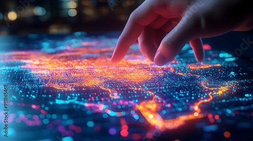 3D Holographic Electoral Map Concept: Voter's Hand Manipulating Real-Time Election Results with Advanced Data Visualization on Rotating Projection Icon