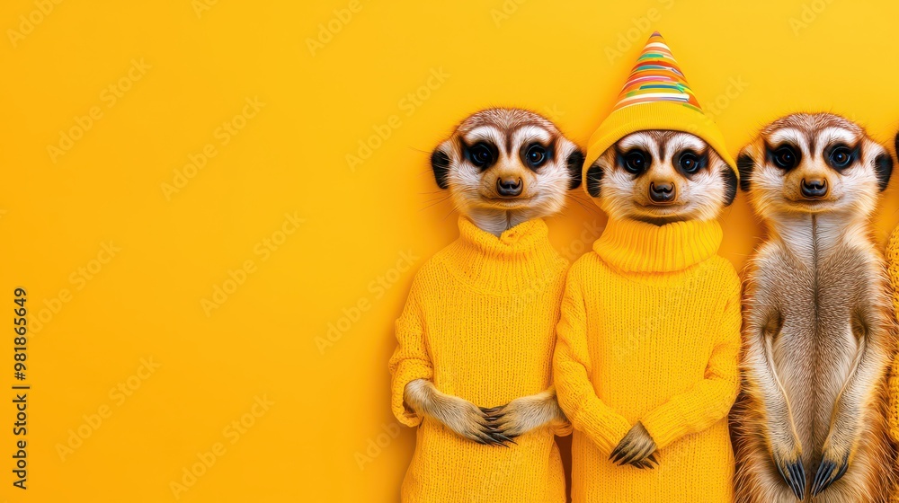 Fototapeta premium Three Meerkat Friends in Yellow Sweaters and Party Hat on Yellow Background