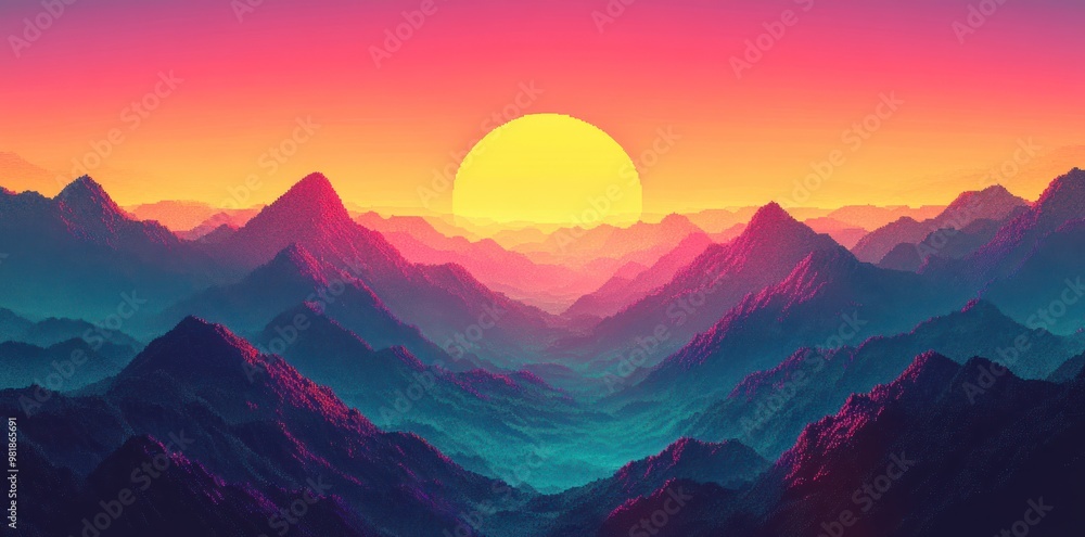 A Pixelated Mountain Range Bathed in the Glow of a Setting Sun A Pixelated Mountain Range Bathed in the Glow of a Setting Sun