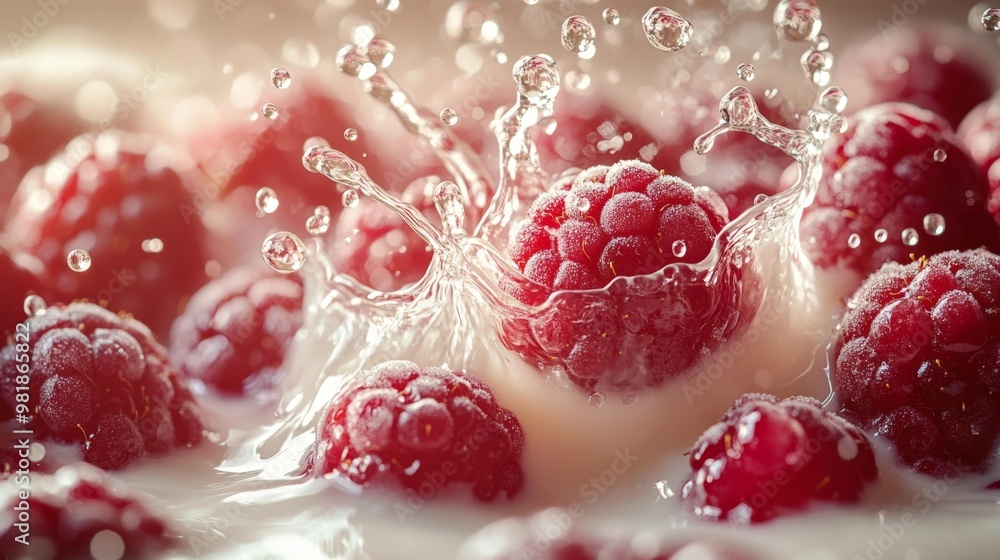 Fresh Raspberries Splashing in Cream Close-up Generative AI Fresh Raspberries Splashing in Cream Close-up Generative AI