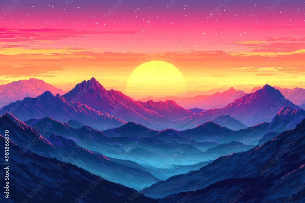 Obraz premium Pixelated Sunset Over a Mountain Range with a Yellow Sun