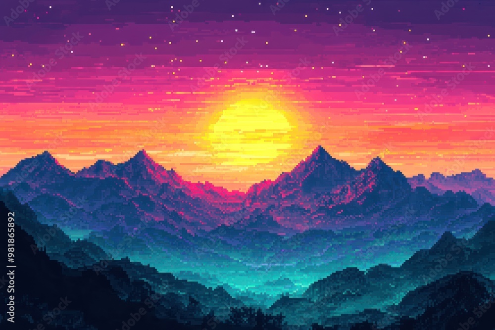 Pixelated Sunset Over Mountains with a Starry Sky Pixelated Sunset Over Mountains with a Starry Sky