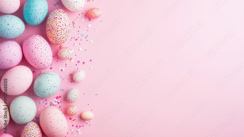 Pink and Blue Easter Eggs with Confetti Border on Pink Background Pink and Blue Easter Eggs with Confetti Border on Pink Background