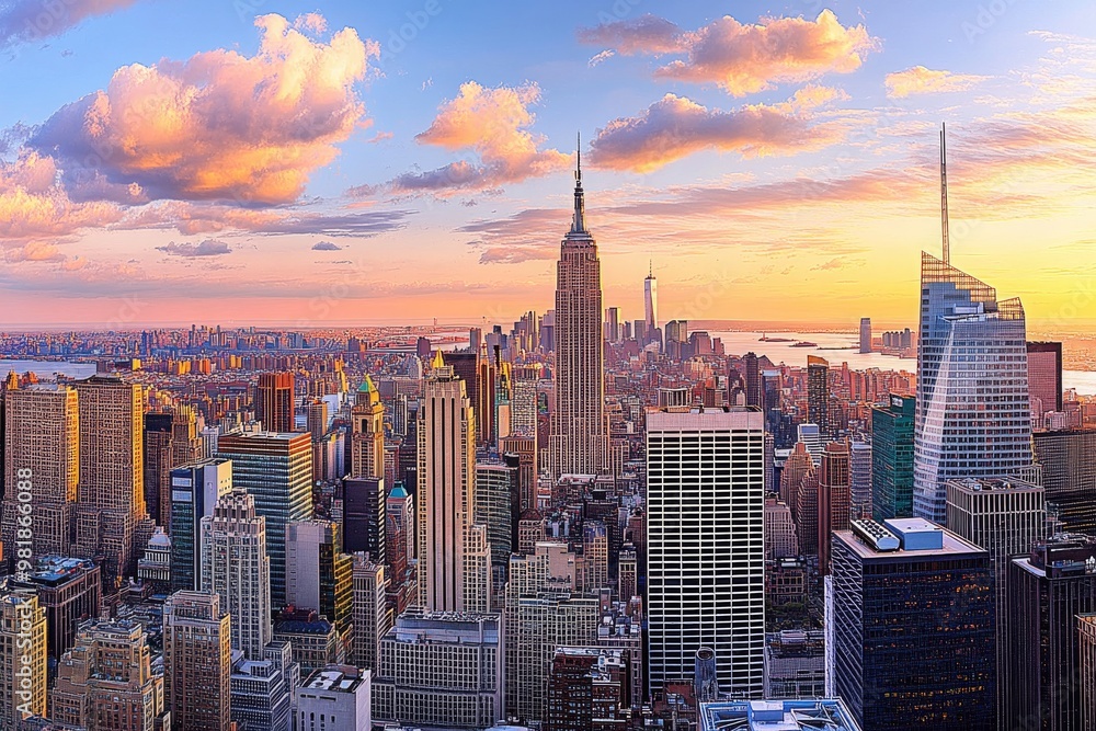 Aerial View of New York City Skyline at Sunset
