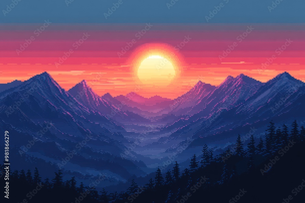 Pixelated Sunset Over a Mountain Range With Silhouetted Trees Pixelated Sunset Over a Mountain Range With Silhouetted Trees