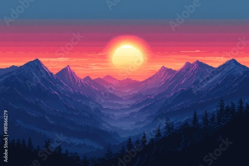 Pixelated Sunset Over a Mountain Range With Silhouetted Trees