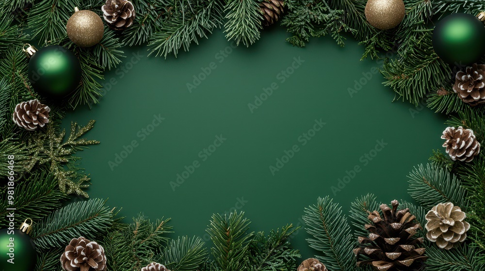 Christmas Green Background with Pine Branches Ornaments and Pine Cones Christmas Green Background with Pine Branches Ornaments and Pine Cones