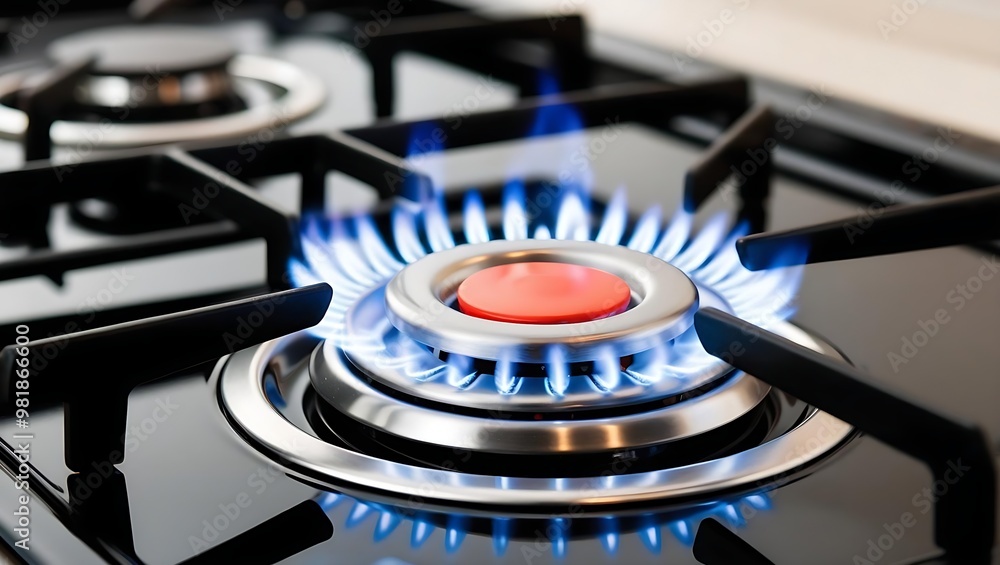 Close-Up of Two Kitchen Gas Stove Burners with Blue Flames Close-Up of Two Kitchen Gas Stove Burners with Blue Flames