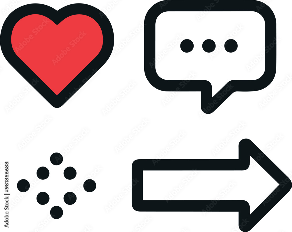 vector illustration with three icons a red heart symbol, a speech bubble with a thin black outline vector illustration with three icons a red heart symbol, a speech bubble with a thin black outline