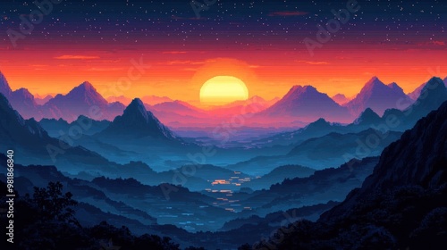 Pixelated Mountain Range Sunset with Stars