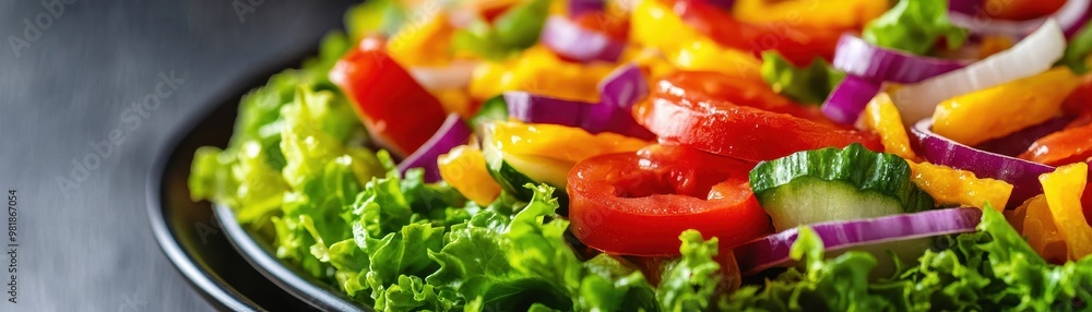 Vibrant vegetable salad featuring crisp lettuce, juicy tomatoes, cucumbers, bell peppers, and red onions, arranged on a dark background. Vibrant vegetable salad featuring crisp lettuce, juicy tomatoes, cucumbers, bell peppers, and red onions, arranged on a dark background.
