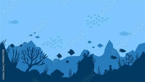 Landscape illustration of seabed with coral reefs and fishes