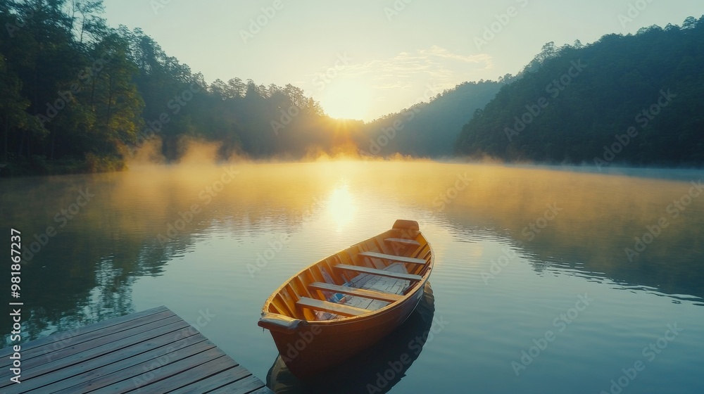 Amazing Morning sunlight at Pang Ung lake with Rowing boat and fog floating above the water surface Amazing Morning sunlight at Pang Ung lake with Rowing boat and fog floating above the water surface