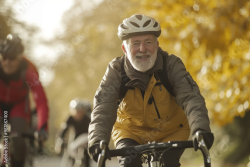 Rider in sun hat, helmet, cycling. Bike wheel, frame, handlebar. Sports supplies on bicycle. Transport on road, land vehicle. Face unseen.