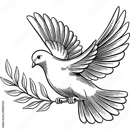 Hand drawn Dove Dove with Olive Branch Sketch Illustration Engraving Woodcut Vintage Style Vector Line Art