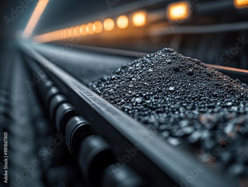 Moody atmospheric shot of railroad tracks lined with coarse ballast, highlighted under ambient tunnel lighting. photo