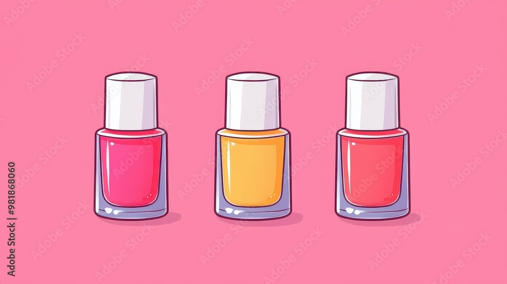 Bright and playful cartoon of nail polishes set against a clean background, perfect for beauty and fashion themes. Bright and playful cartoon of nail polishes set against a clean background, perfect for beauty and fashion themes.