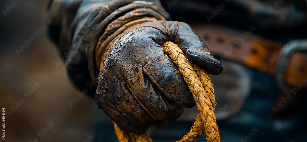 A weathered hand grips a coiled rope, suggesting rugged outdoor work. A weathered hand grips a coiled rope, suggesting rugged outdoor work.