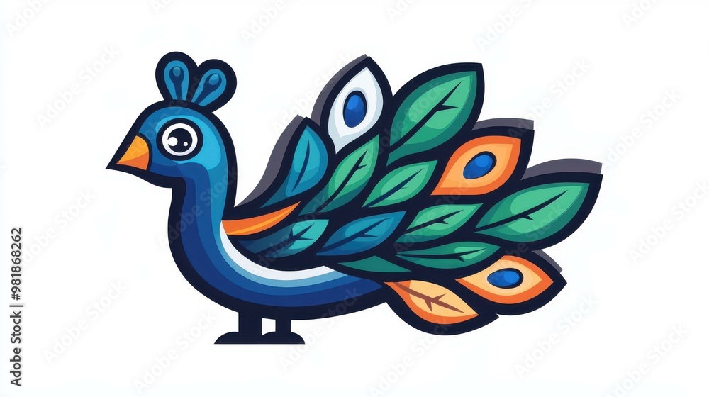 Obraz premium Fun and vibrant cartoon peacock design, perfect for Tshirts and apps. A playful, modern vector illustration