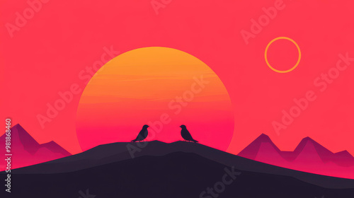 Mystical cartoon art features silhouettes of birds perched on Saturns rings, blending heavenly elements with flat textures.