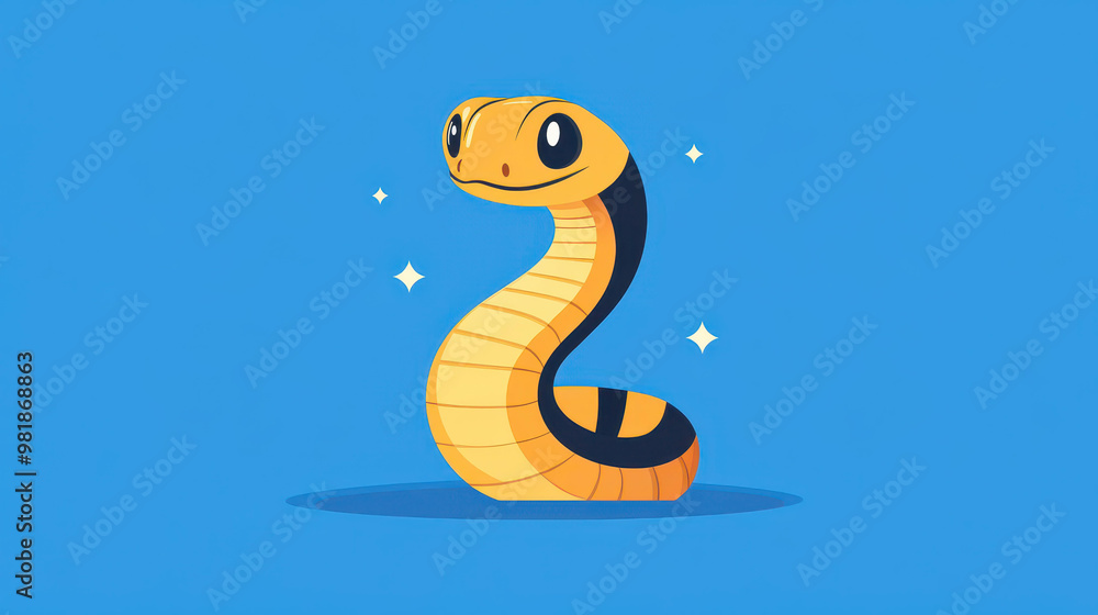 Fototapeta premium A vibrant blue background showcases a charming cartoon cobra in a playful flat style, perfect for any fun design.