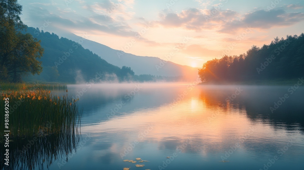 Foggy morning on a lake during sunrise. Summer landscape on a mountain lake Foggy morning on a lake during sunrise. Summer landscape on a mountain lake