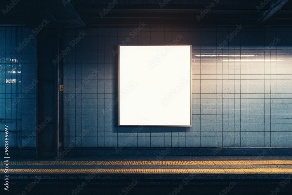Blank billboard on a tiled wall in a subway station. Blank billboard on a tiled wall in a subway station.