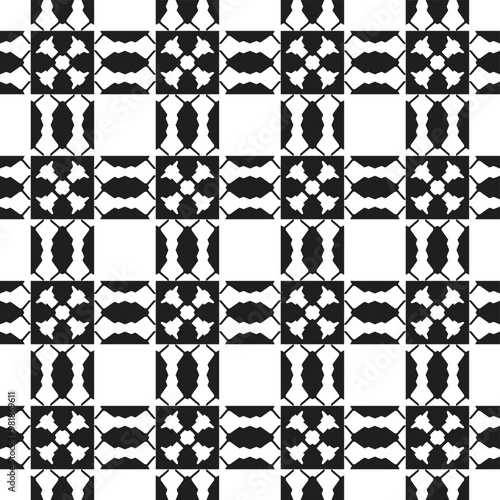 A repeating geometric pattern featuring black and white shapes, creating a visually engaging design.