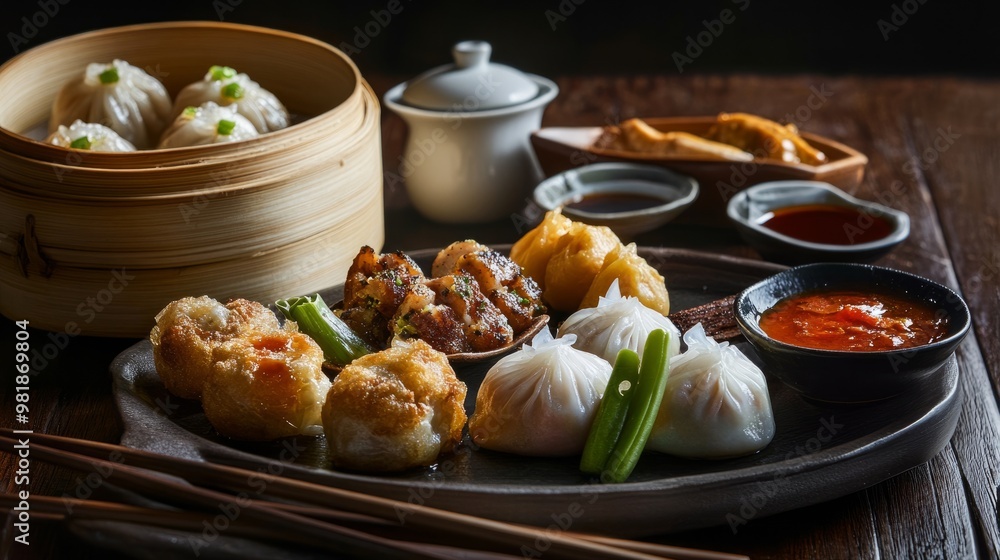 A beautifully plated salapao and dim sum assortment, featuring pork buns, shrimp dumplings, and siu mai, with chopsticks and dipping sauces on the side. A beautifully plated salapao and dim sum assortment, featuring pork buns, shrimp dumplings, and siu mai, with chopsticks and dipping sauces on the side.