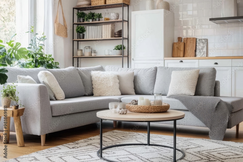 Fototapeta premium Cozy Living Room Interior Design with Gray Sectional Sofa