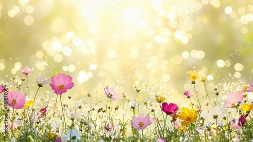 Blooming Cosmos Flowers in Sunny Meadow with Bokeh Background