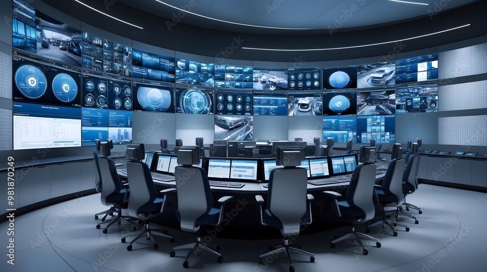 High-tech Control Room With Multiple Screens Displaying Data Analytics and Monitoring Systems in a Modern Facility High-tech Control Room With Multiple Screens Displaying Data Analytics and Monitoring Systems in a Modern Facility