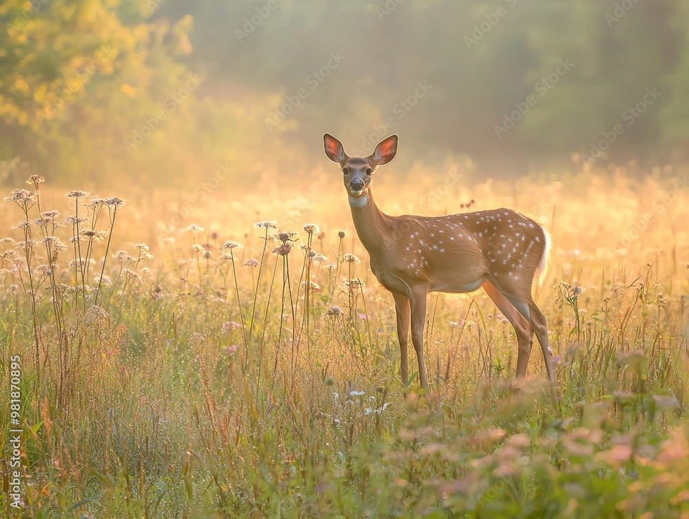 Majestic Deer Grazing in Serene Autumn Meadow with Vibrant Foliage Majestic Deer Grazing in Serene Autumn Meadow with Vibrant Foliage
