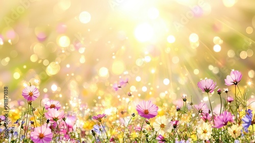 Sunny Meadow with Blooming Cosmos Flowers and Bokeh Background