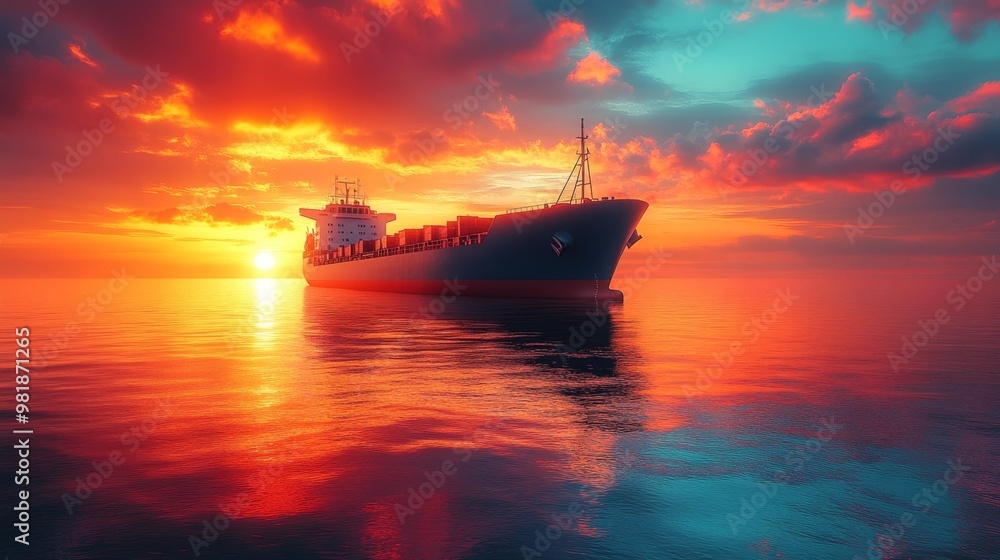 Cargo Ship at Sunset on Calm Waters Generative AI Cargo Ship at Sunset on Calm Waters Generative AI