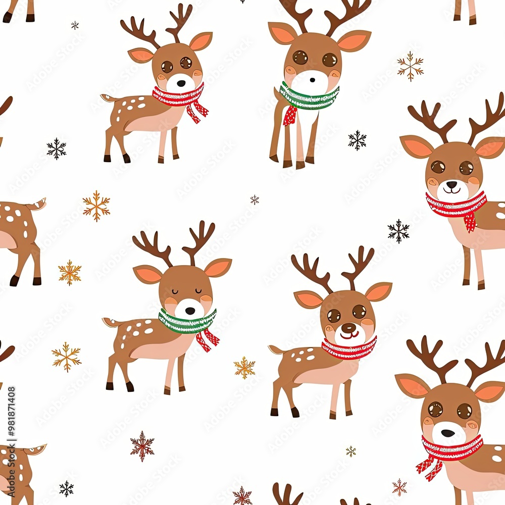 Festive reindeer in red scarves with snowflakes and Christmas lights in a seamless pattern, ideal for wrapping paper with a white background. Festive reindeer in red scarves with snowflakes and Christmas lights in a seamless pattern, ideal for wrapping paper with a white background.