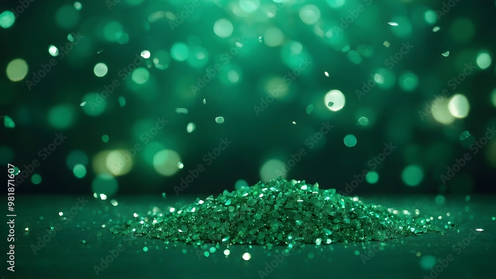Sparkling Green Glitter Pile Illuminated by Soft Bokeh Lights in a Dark Setting During an Artistic Display Sparkling Green Glitter Pile Illuminated by Soft Bokeh Lights in a Dark Setting During an Artistic Display