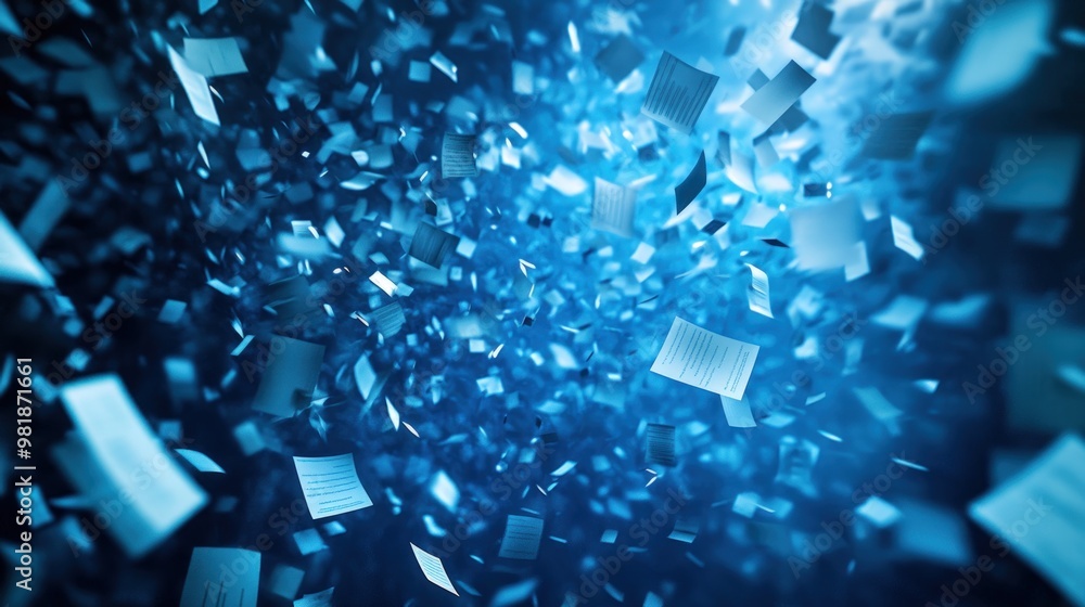 A flurry of papers in a blue and dark background. A flurry of papers in a blue and dark background.