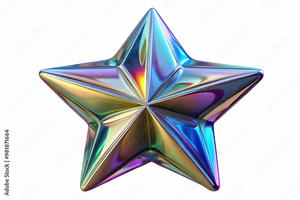 3D Close Up of Floating Holographic Star Macro Shot � Vibrant Colors and Shine Symbolizing Christmas Hope and Celebration on White Background 3D Close Up of Floating Holographic Star Macro Shot � Vibrant Colors and Shine Symbolizing Christmas Hope and Celebration on White Background