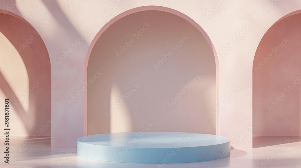 Simple empty podium in the center of an arched room with pastel-colored walls, light pink and orange blue background. ideal for product display or presentation purposes. Simple empty podium in the center of an arched room with pastel-colored walls, light pink and orange blue background. ideal for product display or presentation purposes.
