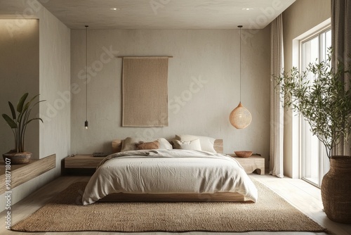 A minimalist bedroom designed for restful sleep, with a simple bed, soft linens, and a few calming elements, promoting slow living.