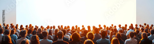 Engaged Citizens at Town Hall Meeting: Wide Shot of Diverse Audience Discussing New Policy, Expressions Captured on White Background for Policy Topic Text